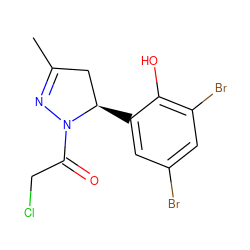 CC1=NN(C(=O)CCl)[C@H](c2cc(Br)cc(Br)c2O)C1 ZINC000653730308