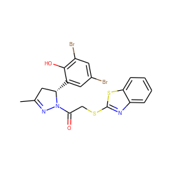 CC1=NN(C(=O)CSc2nc3ccccc3s2)[C@@H](c2cc(Br)cc(Br)c2O)C1 ZINC000103267761