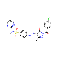 CC1=NN(C(=O)c2ccc(Cl)cc2)C(=O)[C@H]1/N=N/c1ccc(S(=O)(=O)N(C)c2ncccn2)cc1 ZINC000049757013