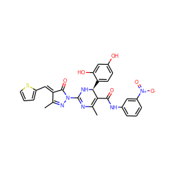 CC1=NN(C2=NC(C)=C(C(=O)Nc3cccc([N+](=O)[O-])c3)[C@H](c3ccc(O)cc3O)N2)C(=O)/C1=C/c1cccs1 ZINC000049777535