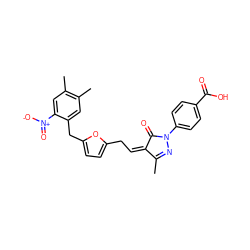 CC1=NN(c2ccc(C(=O)O)cc2)C(=O)/C1=C\Cc1ccc(Cc2cc(C)c(C)cc2[N+](=O)[O-])o1 ZINC000299855082