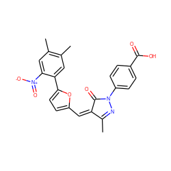 CC1=NN(c2ccc(C(=O)O)cc2)C(=O)/C1=C\c1ccc(-c2cc(C)c(C)cc2[N+](=O)[O-])o1 ZINC000008780879