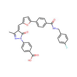 CC1=NN(c2ccc(C(=O)O)cc2)C(=O)/C1=C\c1ccc(-c2ccc(C(=O)NCc3ccc(F)cc3)cc2)o1 ZINC001772652279