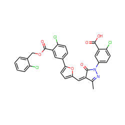 CC1=NN(c2ccc(Cl)c(C(=O)O)c2)C(=O)/C1=C\c1ccc(-c2ccc(Cl)c(C(=O)OCc3ccccc3Cl)c2)o1 ZINC000113860027