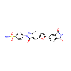 CC1=NN(c2ccc(S(N)(=O)=O)cc2)C(=O)/C1=C/c1ccc(-c2ccc3c(c2)C(=O)NC3=O)o1 ZINC000100725712