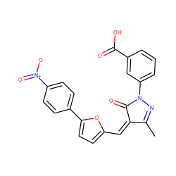 CC1=NN(c2cccc(C(=O)O)c2)C(=O)/C1=C\c1ccc(-c2ccc([N+](=O)[O-])cc2)o1 ZINC000022146651