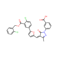 CC1=NN(c2cccc(C(=O)O)c2)C(=O)/C1=C\c1ccc(-c2ccc(Cl)c(C(=O)OCc3ccccc3Cl)c2)o1 ZINC000113853311