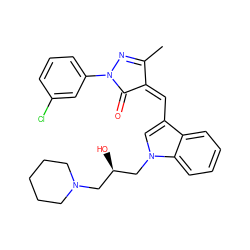 CC1=NN(c2cccc(Cl)c2)C(=O)/C1=C\c1cn(C[C@H](O)CN2CCCCC2)c2ccccc12 ZINC000095554360