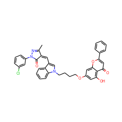 CC1=NN(c2cccc(Cl)c2)C(=O)/C1=C\c1cn(CCCCOc2cc(O)c3c(=O)cc(-c4ccccc4)oc3c2)c2ccccc12 ZINC000150594848