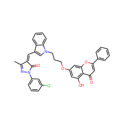 CC1=NN(c2cccc(Cl)c2)C(=O)/C1=C\c1cn(CCCOc2cc(O)c3c(=O)cc(-c4ccccc4)oc3c2)c2ccccc12 ZINC000150594857