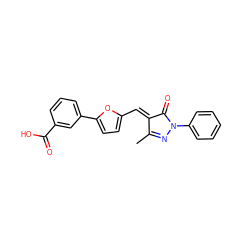 CC1=NN(c2ccccc2)C(=O)/C1=C/c1ccc(-c2cccc(C(=O)O)c2)o1 ZINC000100148214