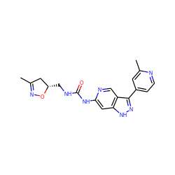 CC1=NO[C@@H](CNC(=O)Nc2cc3[nH]nc(-c4ccnc(C)c4)c3cn2)C1 ZINC000261116366