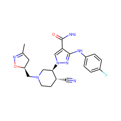 CC1=NO[C@H](CN2CC[C@@H](C#N)[C@H](n3cc(C(N)=O)c(Nc4ccc(F)cc4)n3)C2)C1 ZINC000220721510