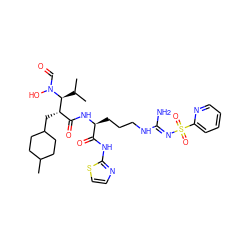 CC1CCC(C[C@@H](C(=O)N[C@@H](CCCN/C(N)=N/S(=O)(=O)c2ccccn2)C(=O)Nc2nccs2)[C@H](C(C)C)N(O)C=O)CC1 ZINC000027428442