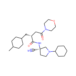 CC1CCC(C[C@H](CC(=O)N2CCOCC2)C(=O)N[C@]2(C#N)CCN(C3CCCCC3)C2)CC1 ZINC000013918418