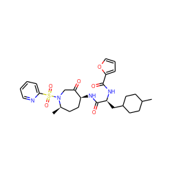 CC1CCC(C[C@H](NC(=O)c2ccco2)C(=O)N[C@H]2CC[C@@H](C)N(S(=O)(=O)c3ccccn3)CC2=O)CC1 ZINC000072176681