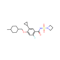 CC1CCC(COc2cc(F)c(C(=O)NS(=O)(=O)N3CCC3)cc2C2CC2)CC1 ZINC000216246814