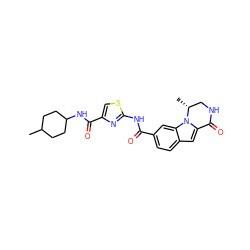 CC1CCC(NC(=O)c2csc(NC(=O)c3ccc4cc5n(c4c3)[C@H](C)CNC5=O)n2)CC1 ZINC000029127919