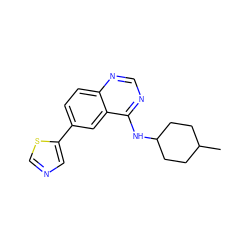 CC1CCC(Nc2ncnc3ccc(-c4cncs4)cc23)CC1 ZINC000299850974