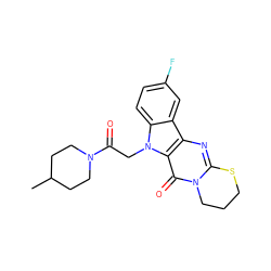 CC1CCN(C(=O)Cn2c3ccc(F)cc3c3nc4n(c(=O)c32)CCCS4)CC1 ZINC000005451506