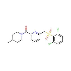 CC1CCN(C(=O)c2cccc(CS(=O)(=O)c3c(Cl)cccc3Cl)n2)CC1 ZINC000029050570