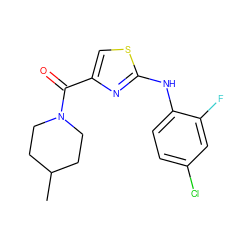 CC1CCN(C(=O)c2csc(Nc3ccc(Cl)cc3F)n2)CC1 ZINC000096283053