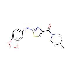 CC1CCN(C(=O)c2csc(Nc3ccc4c(c3)OCO4)n2)CC1 ZINC000096283052