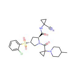 CC1CCN(C2(C(=O)N3C[C@H](S(=O)(=O)c4ccccc4Cl)C[C@H]3C(=O)NC3(C#N)CC3)CC2)CC1 ZINC000169705347