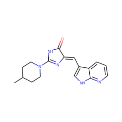 CC1CCN(C2=N/C(=C\c3c[nH]c4ncccc34)C(=O)N2)CC1 ZINC000040976481