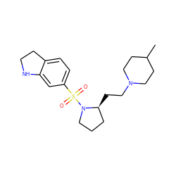 CC1CCN(CC[C@H]2CCCN2S(=O)(=O)c2ccc3c(c2)NCC3)CC1 ZINC000013819779