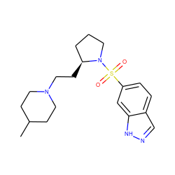 CC1CCN(CC[C@H]2CCCN2S(=O)(=O)c2ccc3cn[nH]c3c2)CC1 ZINC000013819781