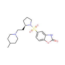 CC1CCN(CC[C@H]2CCCN2S(=O)(=O)c2ccc3oc(=O)[nH]c3c2)CC1 ZINC000013819789