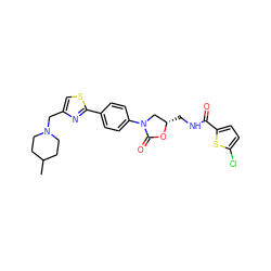 CC1CCN(Cc2csc(-c3ccc(N4C[C@H](CNC(=O)c5ccc(Cl)s5)OC4=O)cc3)n2)CC1 ZINC000299864270