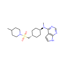 CC1CCN(S(=O)(=O)C[C@H]2CC[C@H](N(C)c3ncnc4[nH]ccc34)CC2)CC1 ZINC000261185102