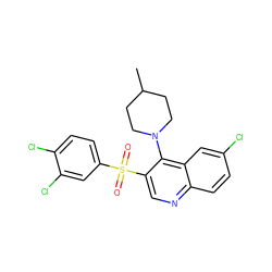 CC1CCN(c2c(S(=O)(=O)c3ccc(Cl)c(Cl)c3)cnc3ccc(Cl)cc23)CC1 ZINC000201536933