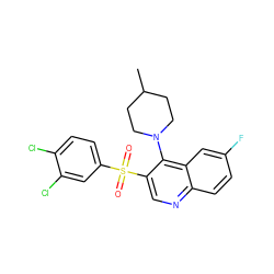 CC1CCN(c2c(S(=O)(=O)c3ccc(Cl)c(Cl)c3)cnc3ccc(F)cc23)CC1 ZINC000137667166