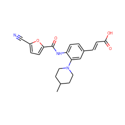 CC1CCN(c2cc(/C=C/C(=O)O)ccc2NC(=O)c2ccc(C#N)o2)CC1 ZINC000029047158