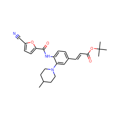 CC1CCN(c2cc(/C=C/C(=O)OC(C)(C)C)ccc2NC(=O)c2ccc(C#N)o2)CC1 ZINC000029047170