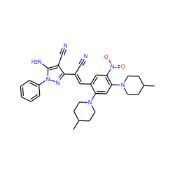 CC1CCN(c2cc(N3CCC(C)CC3)c([N+](=O)[O-])cc2/C=C(\C#N)c2nn(-c3ccccc3)c(N)c2C#N)CC1 ZINC000008443200