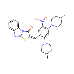 CC1CCN(c2cc(N3CCC(C)CC3)c([N+](=O)[O-])cc2/C=c2/sc3nc4ccccc4n3c2=O)CC1 ZINC000003876782