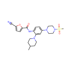 CC1CCN(c2cc(N3CCN(S(C)(=O)=O)CC3)ccc2NC(=O)c2ccc(C#N)o2)CC1 ZINC000029039430