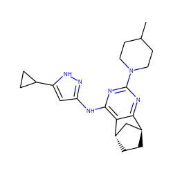 CC1CCN(c2nc(Nc3cc(C4CC4)[nH]n3)c3c(n2)[C@H]2CC[C@H]3C2)CC1 ZINC000299867908