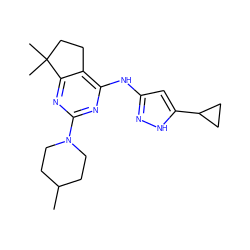 CC1CCN(c2nc(Nc3cc(C4CC4)[nH]n3)c3c(n2)C(C)(C)CC3)CC1 ZINC000299864766