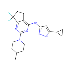 CC1CCN(c2nc(Nc3cc(C4CC4)[nH]n3)c3c(n2)C(F)(F)CC3)CC1 ZINC000299869522