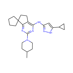 CC1CCN(c2nc(Nc3cc(C4CC4)[nH]n3)c3c(n2)C2(CCCC2)CC3)CC1 ZINC000299869648