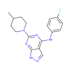 CC1CCN(c2nc(Nc3ccc(F)cc3)c3cn[nH]c3n2)CC1 ZINC000096928452