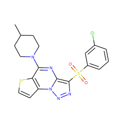 CC1CCN(c2nc3c(S(=O)(=O)c4cccc(Cl)c4)nnn3c3ccsc23)CC1 ZINC000008589271