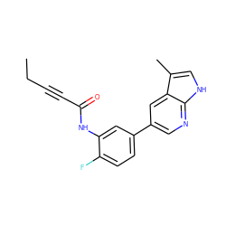 CCC#CC(=O)Nc1cc(-c2cnc3[nH]cc(C)c3c2)ccc1F ZINC000220897027