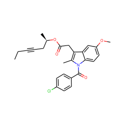 CCC#CC[C@@H](C)OC(=O)Cc1c(C)n(C(=O)c2ccc(Cl)cc2)c2ccc(OC)cc12 ZINC000026726610