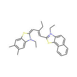 CCC(=C\c1sc2c3ccccc3ccc2[n+]1CC)/C=C1/Sc2cc(C)c(C)cc2N1CC ZINC000040404869